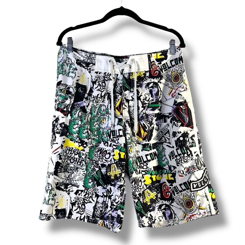 Volcom ModTech Mens Sz 33 Boardshorts Graffiti Print Swim Trunks Colorful Beach